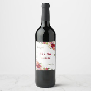 Elegant Burgundy, Crimson Floral Wedding Wine Label