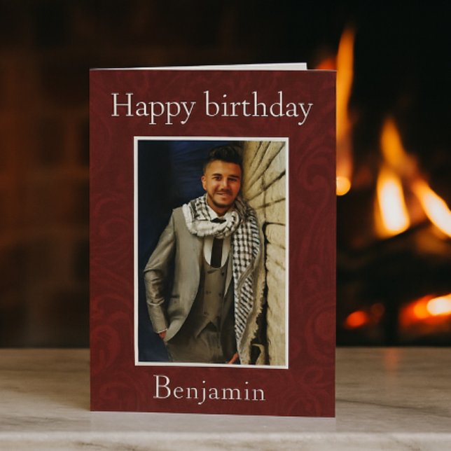 Elegant Burgundy Damask Photo Birthday Card (Creator Uploaded)