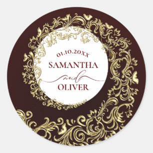 Elegant Burgundy Damask Wedding Classic Round Sticker
