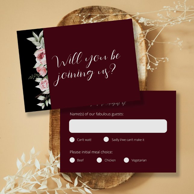 Elegant Burgundy Dark Floral Wedding RSVP Card (Creator Uploaded)