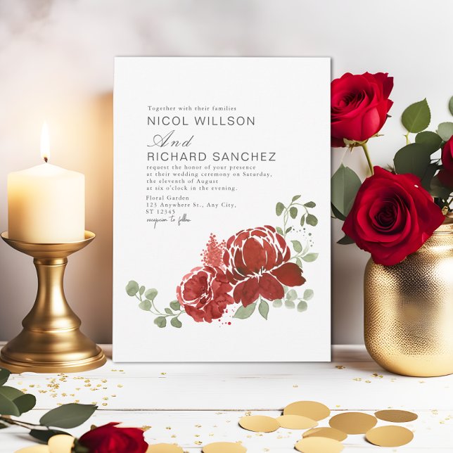 Elegant Burgundy Dark Green Floral Winter Wedding  Invitation (Creator Uploaded)