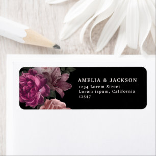 Elegant Burgundy Dark Moody Floral Black Wedding Return Address Label