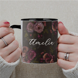 Elegant Burgundy Dark Pink Floral Pattern Mug