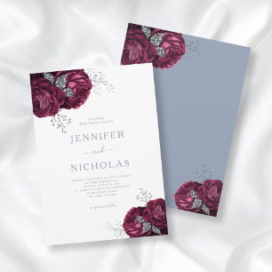 Elegant Burgundy Dusty Blue Floral Wedding Invitation