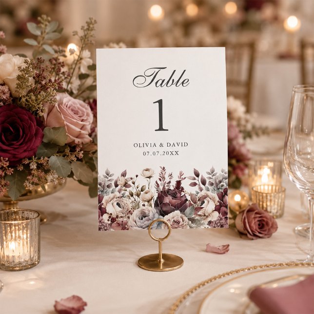 Elegant Burgundy & Dusty Rose Wedding Table Number (Elegant Burgundy & Dusty Rose Wedding Table Number on an elegant wedding dinner table)
