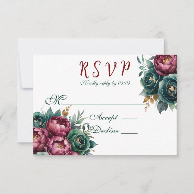Elegant Burgundy Emerald Peony Gold Trim Wedding RSVP Card (Front)