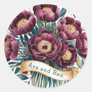 Elegant Burgundy & Emerald Peony with Gold Accent  Classic Round Sticker