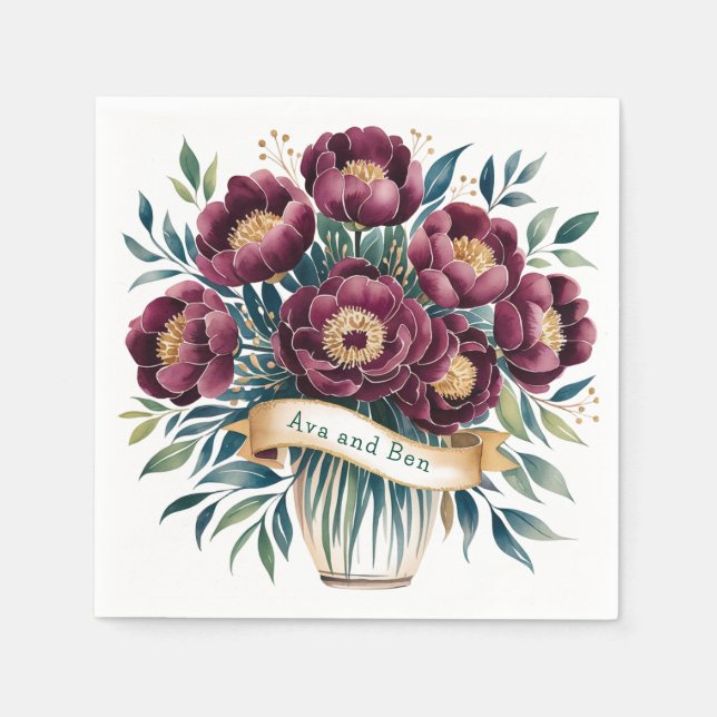 Elegant Burgundy & Emerald Peony with Gold Accent  Napkin (Front)