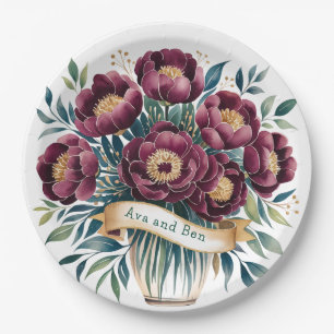Elegant Burgundy & Emerald Peony with Gold Accent  Paper Plate