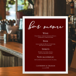 Elegant Burgundy Evening Wedding Bar Menu Poster