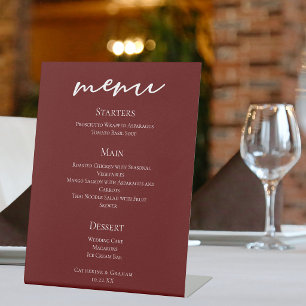 Elegant Burgundy Evening Wedding Dinner Menu Pedestal Sign