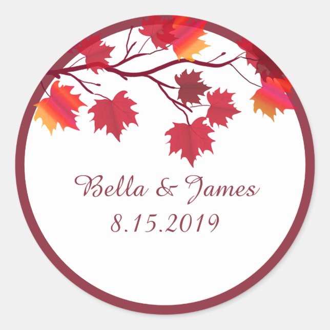 Elegant Burgundy Fall Autumn Leaf Wedding Stickers (Front)