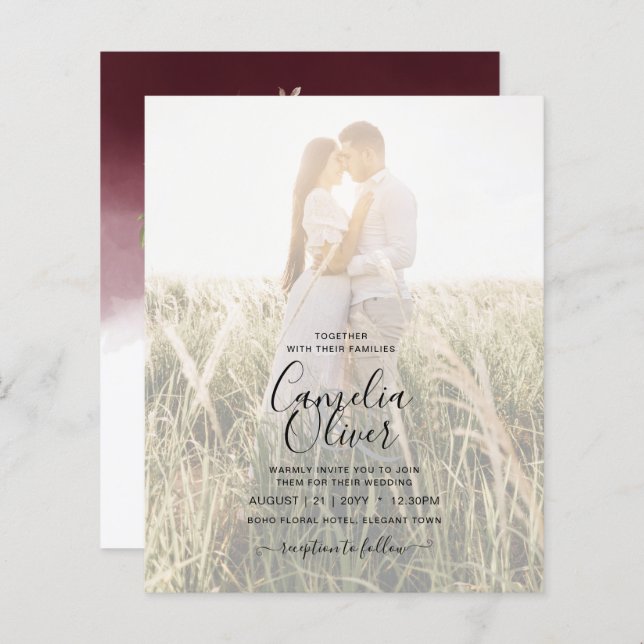 Elegant Burgundy Fall Floral Wedding Invitation (Front/Back)