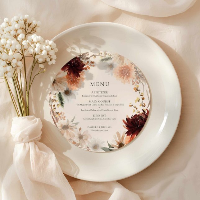 Elegant Burgundy Fall Floral Wedding Menu (Fall Floral Wedding Round Menu Card)