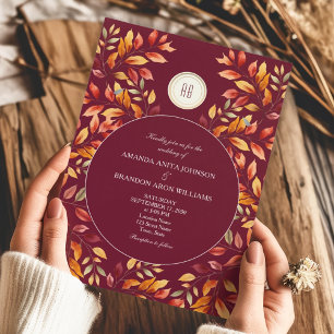 Elegant Burgundy Fall Leaves Wedding Invitation