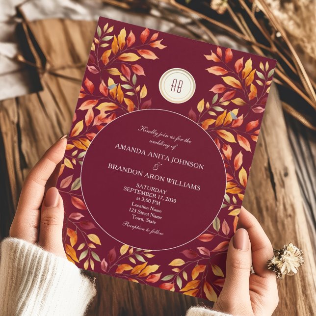 Elegant Burgundy Fall Leaves Wedding Invitation (Creator Uploaded)
