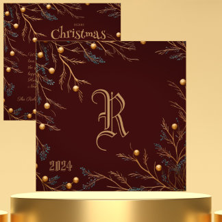 Elegant Burgundy Family Monogram Christmas Card