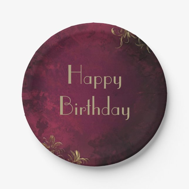 Elegant Burgundy & Faux Gold  Paper Plate (Front)