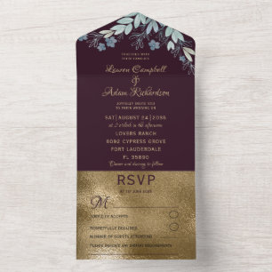 Elegant Burgundy & Faux Gold Wedding All In One Invitation