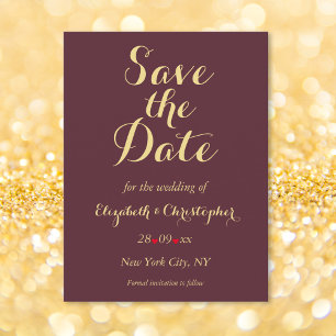 Elegant Burgundy Faux Gold Wedding Save the Date Postcard