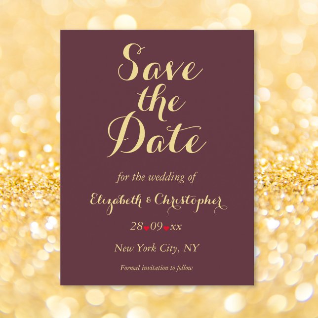 Elegant Burgundy Faux Gold Wedding Save the Date Postcard (Elegant Burgundy Faux Gold Wedding Save the Date Postcard)