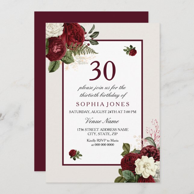 Elegant Burgundy Floral 30th Birthday Party Invitation (Front/Back)