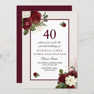 Elegant Burgundy Floral 40th Birthday Party Invitation
