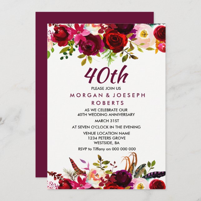 Elegant Burgundy Floral 40th Wedding Anniversary Invitation (Front/Back)