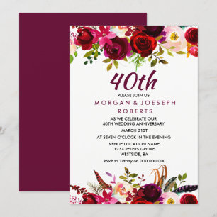 Elegant Burgundy Floral 40th Wedding Anniversary Invitation