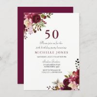 Elegant Burgundy Floral 50th Birthday Invitation