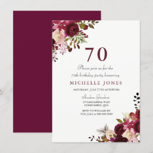 Elegant Burgundy Floral 70th Birthday Invitation