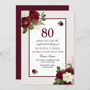 Elegant Burgundy Floral 80th Birthday Party Invitation