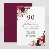 Elegant Burgundy Floral 90th Birthday Invitation