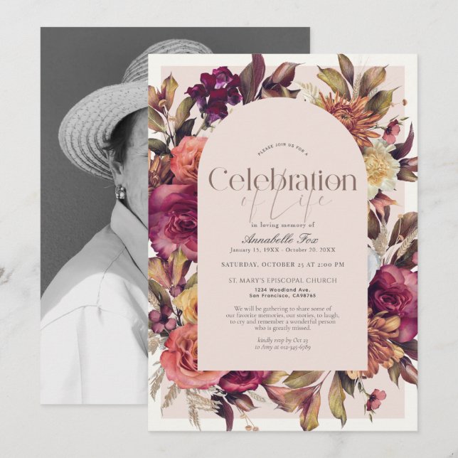 Elegant Burgundy Floral Arch Funeral Memorial Invitation (Front/Back)