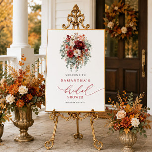 Elegant burgundy floral autumn bridal shower  poster