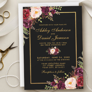 Elegant Burgundy Floral Black Gold Wedding Invitation