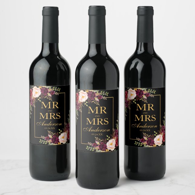 Elegant Burgundy Floral Black Gold Wine Label (Bottles)