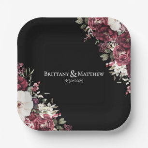 Elegant Burgundy Floral Black Wedding  Paper Plate