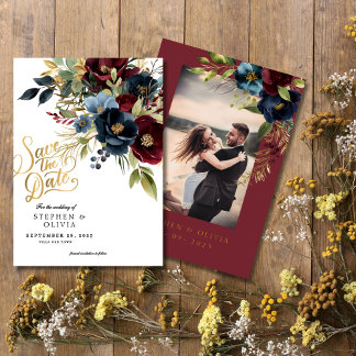 Elegant Burgundy Floral Blooms & Greenery Save The Date