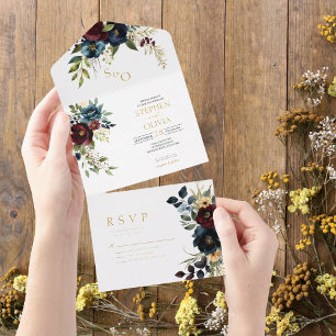 Elegant Burgundy Floral Blooms & Greenery wedding All In One Invitation