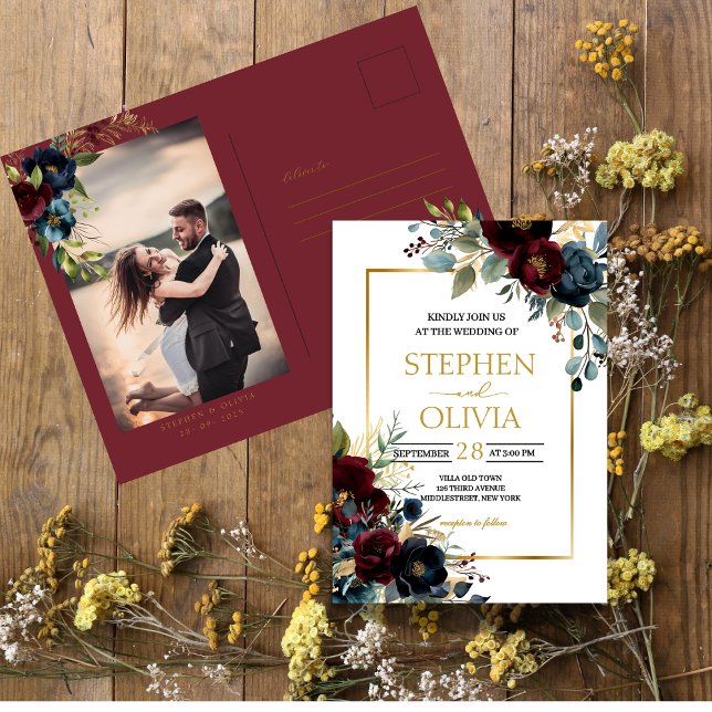 Elegant Burgundy Floral Blooms & Greenery wedding Invitation Postcard (Creator Uploaded)