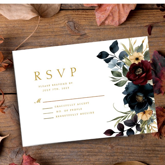 Elegant Burgundy Floral Blooms & Greenery Wedding RSVP Card (Creator Uploaded)