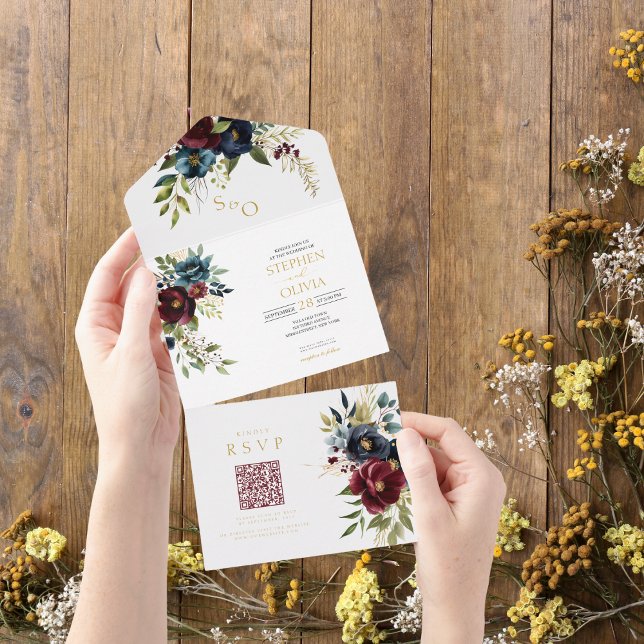 Elegant Burgundy Floral Blooms QR RSVP wedding All In One Invitation (Creator Uploaded)