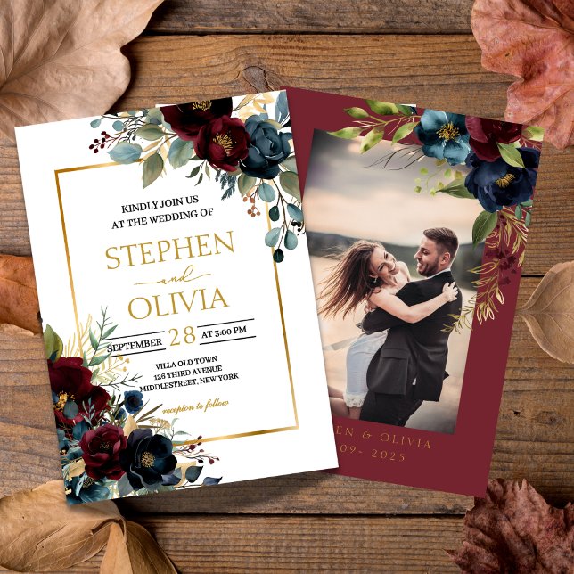 Elegant Burgundy Floral Blooms wedding Photo Invitation (Creator Uploaded)