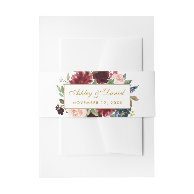 Elegant Burgundy Floral Blue Wedding Gold Invitation Belly Band (Front Example)