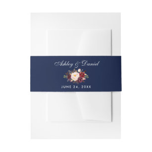 Elegant Burgundy Floral Blue Wedding Invitation Belly Band