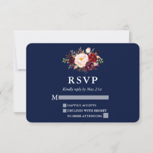 Elegant Burgundy Floral Blue Wedding RSVP