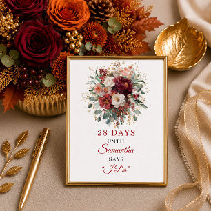 Elegant burgundy floral boho bridal shower countdo poster