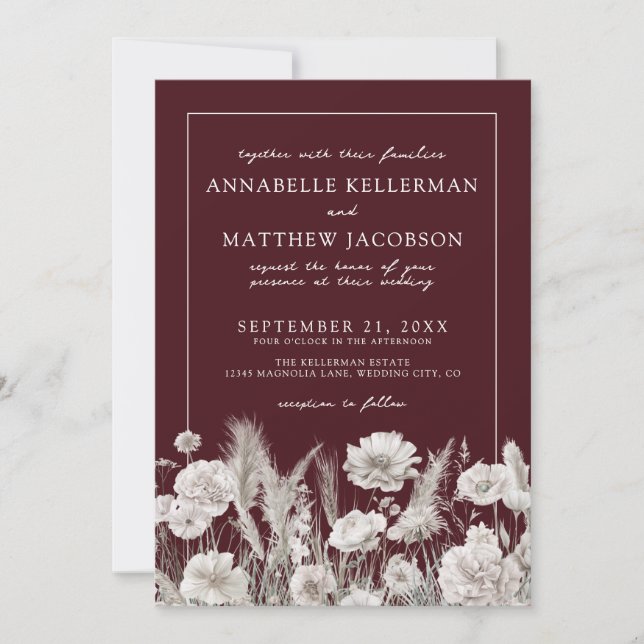 Elegant Burgundy Floral Boho Wedding Invitation (Front)