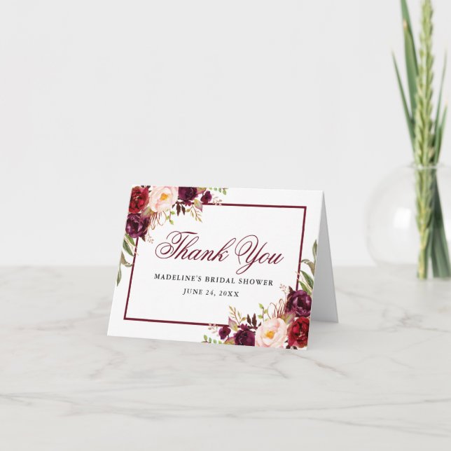Elegant Burgundy Floral Bridal Shower Note Thank You Card (Front)